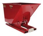 The Vestil Self-Dump Hopper Md 1 Cu Yd 4K Lb Red features a sleek angular red design with a rectangular base and large trapezoidal container. It has a tilting mechanism, safety labels, and an accessible release lever for easy unloading.