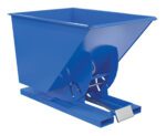 The Vestil Self-Dump Hopper Md 1 Cu Yd 4K Blue is a robust industrial hopper with a sturdy base, sloped front for easy discharge, and pedal tilt mechanism, designed for heavy-duty use.