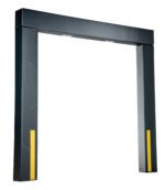 The Vestil Dock Seal 12 In Projection 8X8 Door showcases a black rectangular archway with yellow vertical side stripes, designed for an 8x8 door and set against a crisp white background.