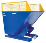 A large blue industrial skip with a yellow mesh guard for easy waste disposal features Vestil D-200 Series Side Extensions and a foot-operated release mechanism, shown against a white background.