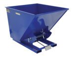 The Vestil Self-Dump Hopper Hd 2 Cu Yd 6K Blue is a metal hopper with a rectangular base, wide open top, sloped front for easy dumping, and two cylindrical handles for tilting, ideal for seamless industrial material handling.