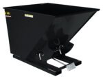 The Vestil Self-Dump Hopper Ld 2 Cu Yd 2K Blk Semi/Gloss boasts a sleek black metal finish, a rectangular top opening, and a solid base. It features a tilting mechanism for easy disposal and prominently displays labels and safety instructions on the sides.
