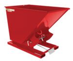 The Vestil Self-Dump Hopper Ld, with 2 Cu Yd capacity and 2K Lb load limit, offers a red design featuring a sloped open top, stable flat rectangular base, and smooth angled sides for an efficient funnel shape. Its hinged bottom ensures easy material disposal.