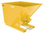 The Vestil Self-Dump Hopper Md 2 Cu Yd 4K Yellow is a durable yellow steel hopper featuring an open top, sloped bottom, and solid base for efficient discharge and material handling with safety labels in place.