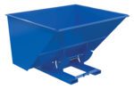 The Vestil Hopper W/O Bump & Dump Hd 3 Cu 6K Blue is an industrial steel hopper featuring a sloped base and reinforced edges for efficient bulk material handling, with a sturdy frame and hinge mechanism for smooth tilting and easy unloading.
