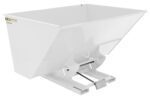 The Vestil Self-Dump Hopper Hd 3 Cu Yd 6K White is a rectangular industrial steel hopper with a wide opening, mounted for easy tipping, and features safety latches and a weighted bottom for stability.