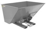 A Vestil Self-Dump Hopper Md 3 Cu Yd 4K in machine gray features angled sides and a rectangular base. Ideal for industrial use, it holds or transports bulk materials, supports up to 4,000 lbs, and includes a tilting mechanism for easy dumping.