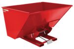 The Vestil Self-Dump Hopper Md 3 Cu Yd 4K Red is a vibrant red steel container with a rectangular shape and sloped bottom, ideal for efficient material handling. It features a tipping mechanism and side handles, making it perfect for industrial use, particularly in new condition.