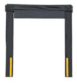 The image features the Vestil Dock Seal, designed for an 8x9 door with a 19-inch projection. This black industrial dock seal has padded vertical and horizontal sections with yellow safety striping on the vertical pads bottom, ensuring a snug fit around docked trucks.