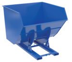 The Vestil Hopper W/O Bump & Dump Hd 4 Cu 6K Blue is a sturdy industrial tipping skip designed for efficient materials handling and waste disposal, featuring reinforced metal construction, a rectangular shape, sloped front, and mounted runners for easy movement and dumping.