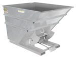Image of the Vestil Self-Dump Hopper HD 5 Cu Yd 6K Galv, featuring a sloped front for efficient dispensing. This metallic unit with galvanized finish includes an easy-tilt mechanism and sturdy support frame, designed for a 6K capacity.