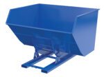 The Vestil Hopper W/O Bump & Dump Hd 5Cu Yd 6K Blue is a sleek blue skip hopper with an open top and sloped sides for easy forklift attachment, ideal for transporting bulk materials. The empty hopper is displayed from a front-side angle.
