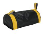 The Vestil Dock Seal Draft Blocker 24 In Projection is a black and yellow heavy-duty bag, featuring reinforced straps on each end. Made from durable materials for carrying large items, the straps are secured with metal rivets for extra support.