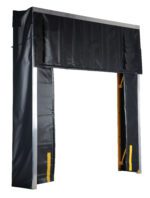 The Vestil Retractable Dock Shelter 24 In Length is a stylish black dock seal with a sturdy metal frame, header cover, and vertical sides for weather protection at loading bay doors. Its reinforced corners with meticulous stitching ensure added durability during loading and unloading.