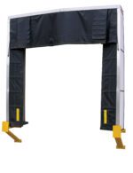 The Vestil Dock Shelter, with an 18 projection and dimensions of 11x10.5 feet, is a sturdy black seal featuring a metal frame and yellow bumpers. It includes side curtains and a top canopy for effectively sealing gaps between trucks and loading bays on a pristine white backdrop.