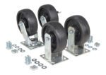 The Vestil 6X2 Glass Filled Nylon Caster Kit 5000# Cap includes four durable black rubber caster wheels with metal brackets and an assortment of bolts, washers, and nuts, ideal for assembly needs.