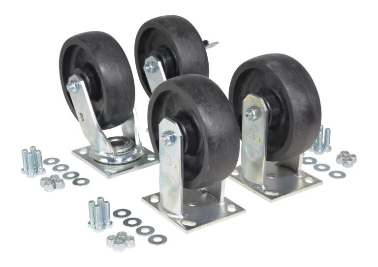 The Vestil 6X2 Glass Filled Nylon Caster Kit 5000# Cap includes four durable black rubber caster wheels with metal brackets and an assortment of bolts, washers, and nuts, ideal for assembly needs.