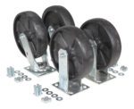 The Vestil 8X2 Glass Filled Nylon Caster Kit 5000# Cap includes four metal casters with black wheels on swivel brackets, complete with bolts, nuts, and washers for assembly. These wheels resemble solid rubber and support up to a 5000-pound capacity in a staggered setup.