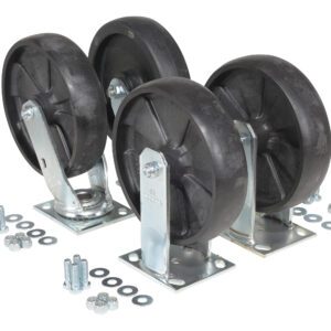 The Vestil 8X2 Glass Filled Nylon Caster Kit 5000# Cap includes four metal casters with black wheels on swivel brackets, complete with bolts, nuts, and washers for assembly. These wheels resemble solid rubber and support up to a 5000-pound capacity in a staggered setup.