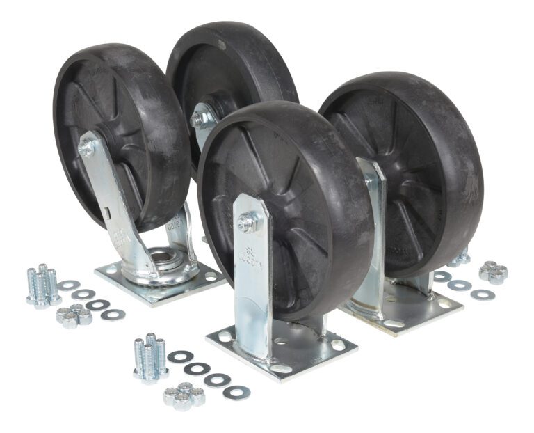The Vestil 8X2 Glass Filled Nylon Caster Kit 5000# Cap includes four metal casters with black wheels on swivel brackets, complete with bolts, nuts, and washers for assembly. These wheels resemble solid rubber and support up to a 5000-pound capacity in a staggered setup.