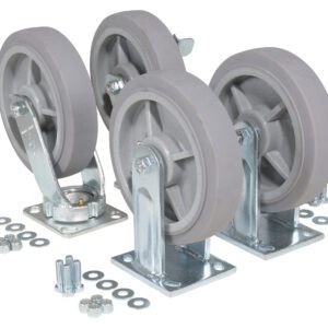 A set of Vestil 8X2 Thermoplastic Rubber (TPR) Kit2700# casters with metal brackets are lined up. Beside these sturdy casters, nuts, bolts, and washers lie scattered on the white surface, ready for assembly.
