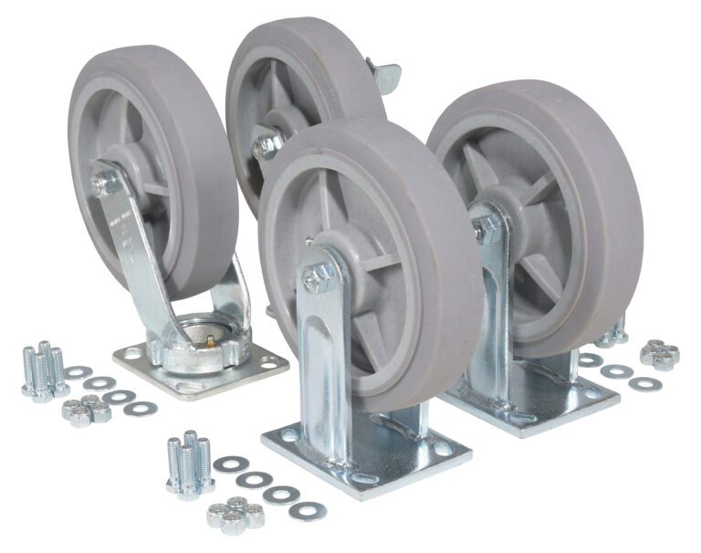 D-CK4-C32D_A.jpg A set of Vestil 8X2 Thermoplastic Rubber (TPR) Kit2700# casters with metal brackets are lined up. Beside these sturdy casters, nuts, bolts, and washers lie scattered on the white surface, ready for assembly.