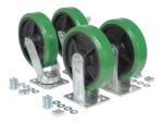 The Vestil 8X2 Pure Polyurethane Caster Kit 4000# Cap includes four green and black casters with metal brackets, locking mechanisms, and all necessary screws, nuts, and washers for easy installation.