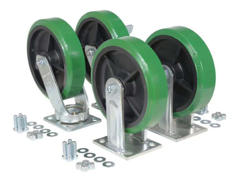D-CK4-C33D_A.jpg The Vestil 8X2 Pure Polyurethane Caster Kit 4000# Cap includes four green and black casters with metal brackets, locking mechanisms, and all necessary screws, nuts, and washers for easy installation.