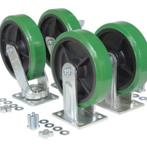 The Vestil 8X2 Pure Polyurethane Caster Kit 4000# Cap includes four green and black casters with metal brackets, locking mechanisms, and all necessary screws, nuts, and washers for easy installation.