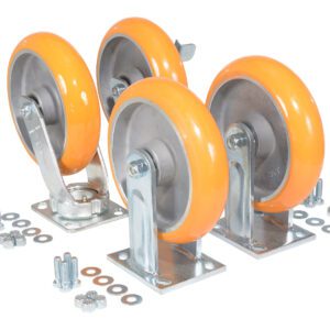 Four orange rubber caster wheels from the Vestil 8X2 Elastic Polyurethane Caster Kit are placed on a white background, surrounded by various nuts, bolts, and washers.