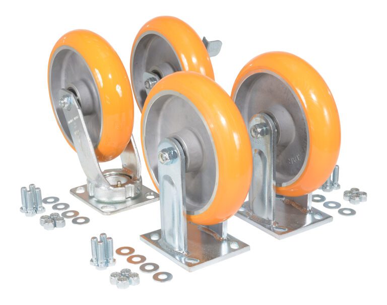Four orange rubber caster wheels from the Vestil 8X2 Elastic Polyurethane Caster Kit are placed on a white background, surrounded by various nuts, bolts, and washers.