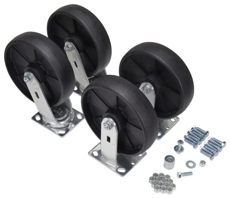 D-CK4-GFN8-2_A.jpg Four black caster wheels with silver brackets, similar to the Vestil Caster Kit, are in a row. To the right, screws, washers, and nuts are grouped on a white background.