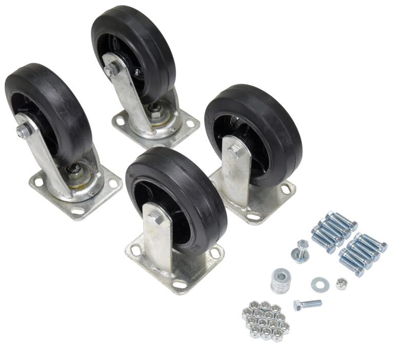 A semi-circle is formed by four Vestil 6X2 Mold-On-Rubber casters with metal frames, while bolts, nuts, and washers are ready for assembly, offering a strong 2400# capacity.