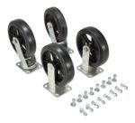 On a white surface, four black Vestil 8X2 Mold-On-Rubber caster wheels equipped with metal brackets are displayed alongside a neatly arranged set of silver bolts and nuts, highlighting the kits robust 2400# capacity.