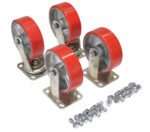 Four red and silver caster wheels with mounts sit in a row, surrounded by scattered bolts and nuts, suggesting assembly. They resemble the Vestil 6X2 Poly-On-Steel Caster Kit 4800# Cap.