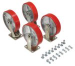 The Vestil 8X2 Poly-On-Steel Caster Kit 5000# Cap includes four robust red and silver swivel casters with durable metal mounting plates, plus a variety of bolts and nuts, making them ideal for heavy-duty applications.