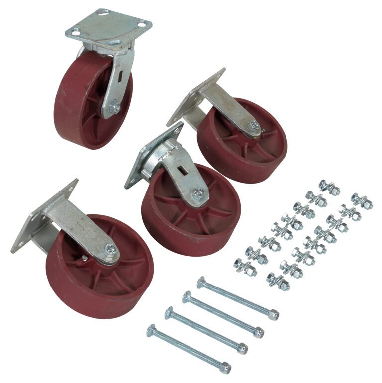 Four red caster wheels with metal brackets, various screws, and nuts on a white surface. Its the Vestil 6X2 Ductile Steel Caster Kit with an 8000# capacity—ideal for boosting furniture or equipment mobility.