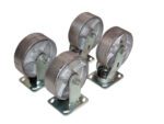 The Vestil 8X2 Semi-Steel Caster Kit, featuring a 4800# capacity, includes four silver-colored round metal wheels with square base plates arranged in a staggered formation on a white background, showcasing visible treads and support brackets.