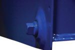 Close-up of a blue painted metal hex bolt from a metal surface, similar to the secure fit youd find with the Vestil D Style Hopper 2 In Drain Plug Option. The bolt is securely in place, with lighting creating shadows and edges showing a smooth finish.