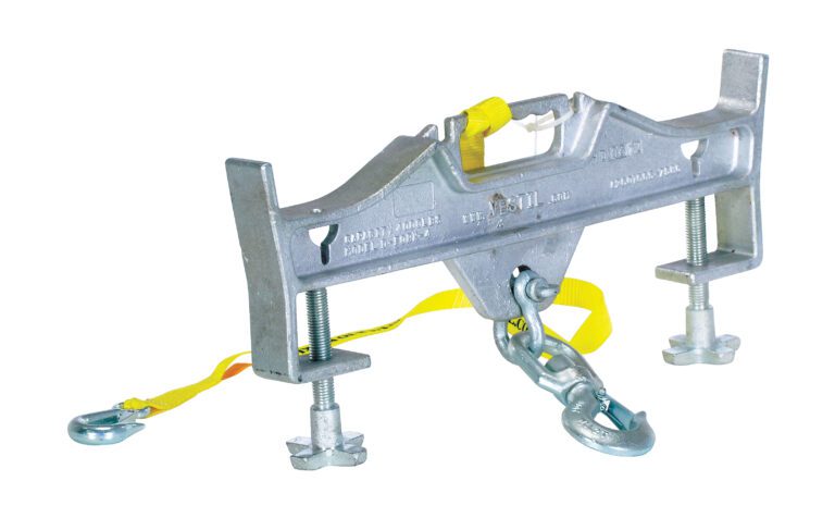 D-FORK-10-SL_A.jpg The silver metal clamp with adjustable screws and a large hook includes yellow safety straps for added security; its robust design, similar to the Vestil Hoisting Hook Double Swivel/Latch 10K, is ideal for heavy-duty tasks.