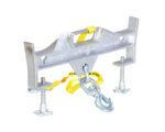 The metal lifting clamp with a Vestil Hoisting Hook Double Swivel/Latch 4K includes adjustable screws on both sides and a yellow safety strap, making it ideal for heavy-duty industrial applications due to its durability and reliability.