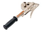 The Vestil Manual Drum Deheader Express Open is an industrial metal tool featuring a black rubber handle, lever, rotating mechanism, cylindrical component, and tension-adjusting bolt. Its textured grip allows easy handling for seamless drum opening.
