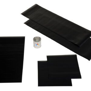 Five black rubber patches of different sizes, included in the Vestil Dock Seal Option Repair Kit, are arranged alongside a small spray can for repairs. The black items stand out against the white background.