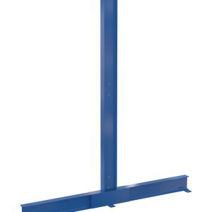 The metal beam, resembling the blue Vestil Double Cantilever Rack 10 Ft 36 In Arms, has a T-shape with a long vertical section featuring small utility holes. Its stable horizontal base supports industrial use with its simple design.
