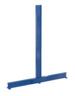 A blue T-shaped Vestil Double Cantilever Rack, 8 Ft with 36 In arms, featuring holes at regular intervals, stands upright on a white background. Its horizontal and vertical sections intersect at right angles for a simple, industrial design.