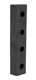 The Vestil Hardened Molded Rubber Bumper One 20 In has a vertical black rectangular design with four evenly spaced circular holes along its length.