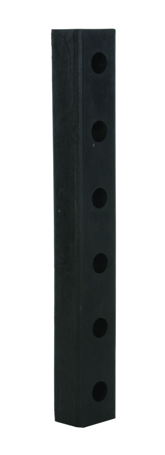 DBE-30-1_A.jpg The Vestil Hardened Molded Rubber Bumper One 30 In features a sleek, rectangular shape with a black rubber surface and six evenly spaced vertical circular holes.