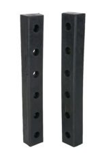 Two vertical black rectangular blocks, each 30 inches tall with circular holes, resemble the Vestil Hardened Molded Rubber Bumper Two 30 In as they stand upright against a plain white background.