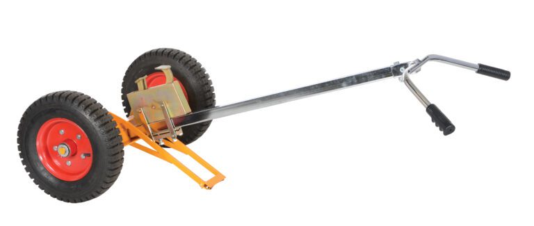 DBT-1000-PN_A.jpg The Vestil Deluxe Tilt Back Drum Truck is a versatile dolly with metal wheels, red rims, and an orange frame. It features two large black tires and a long handle with two black grips for comfortable handling of heavy objects.