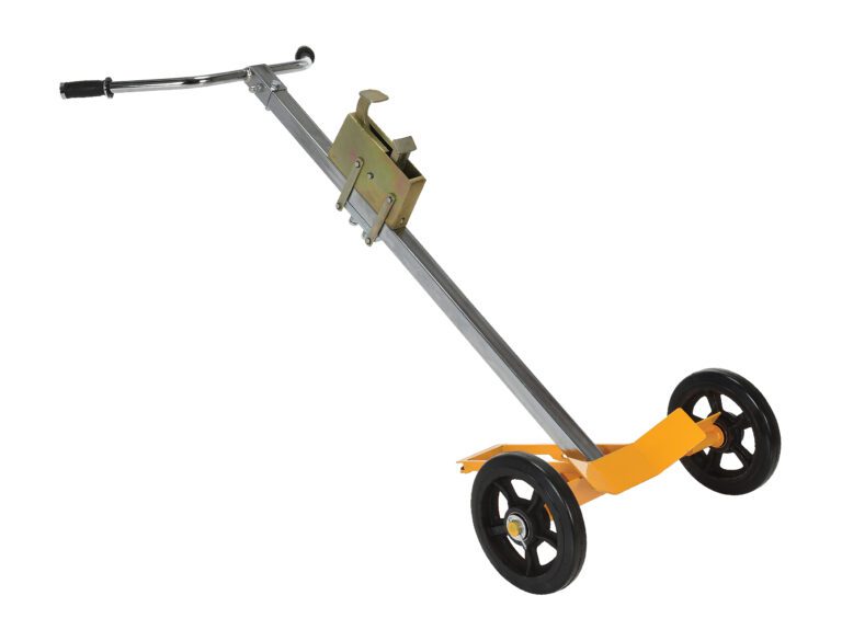 DBT-1000_A.jpg The Vestil Deluxe Tilt Back Drum Truck 1K Lb Cap is equipped with a sturdy metal frame, a long handle, and two black wheels. It features a clamp mechanism and an orange platform for stability.